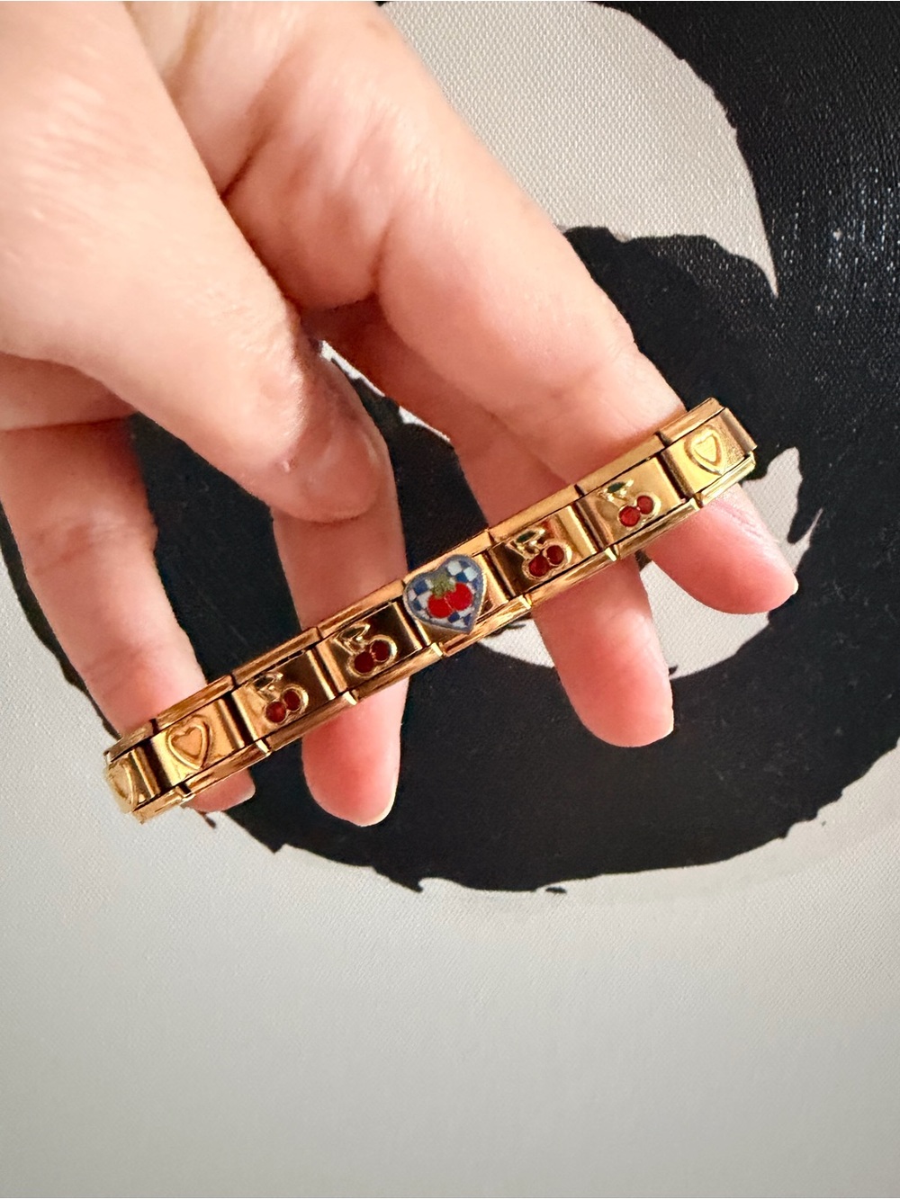 Cherry Heart Italian Charm Bracelet | 18-Link Gold Tone Stainless Steel